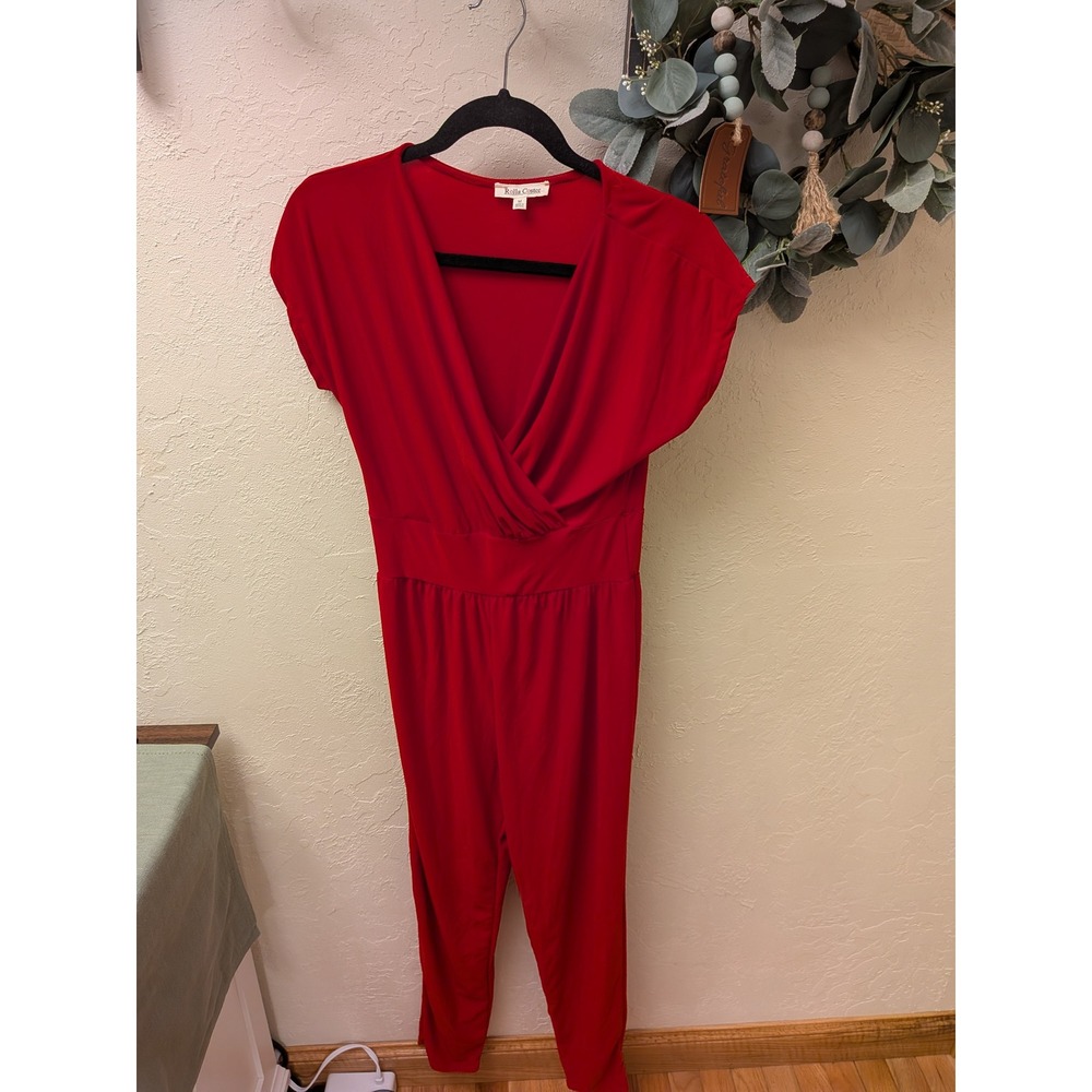 Rolla Coster Womens Red Surplice V-Neck Short Sleeve Tapered Leg Jumpsuit Size M